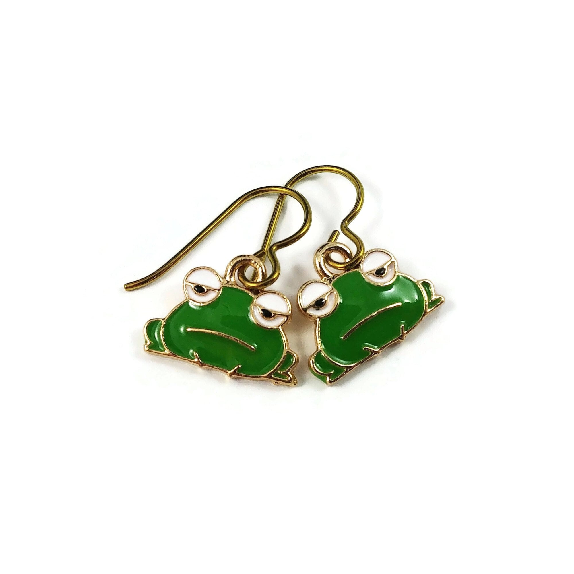 Cute frog dangle earrings, Hypoallergenic gold niobium jewelry, Frog lover enamel earrings