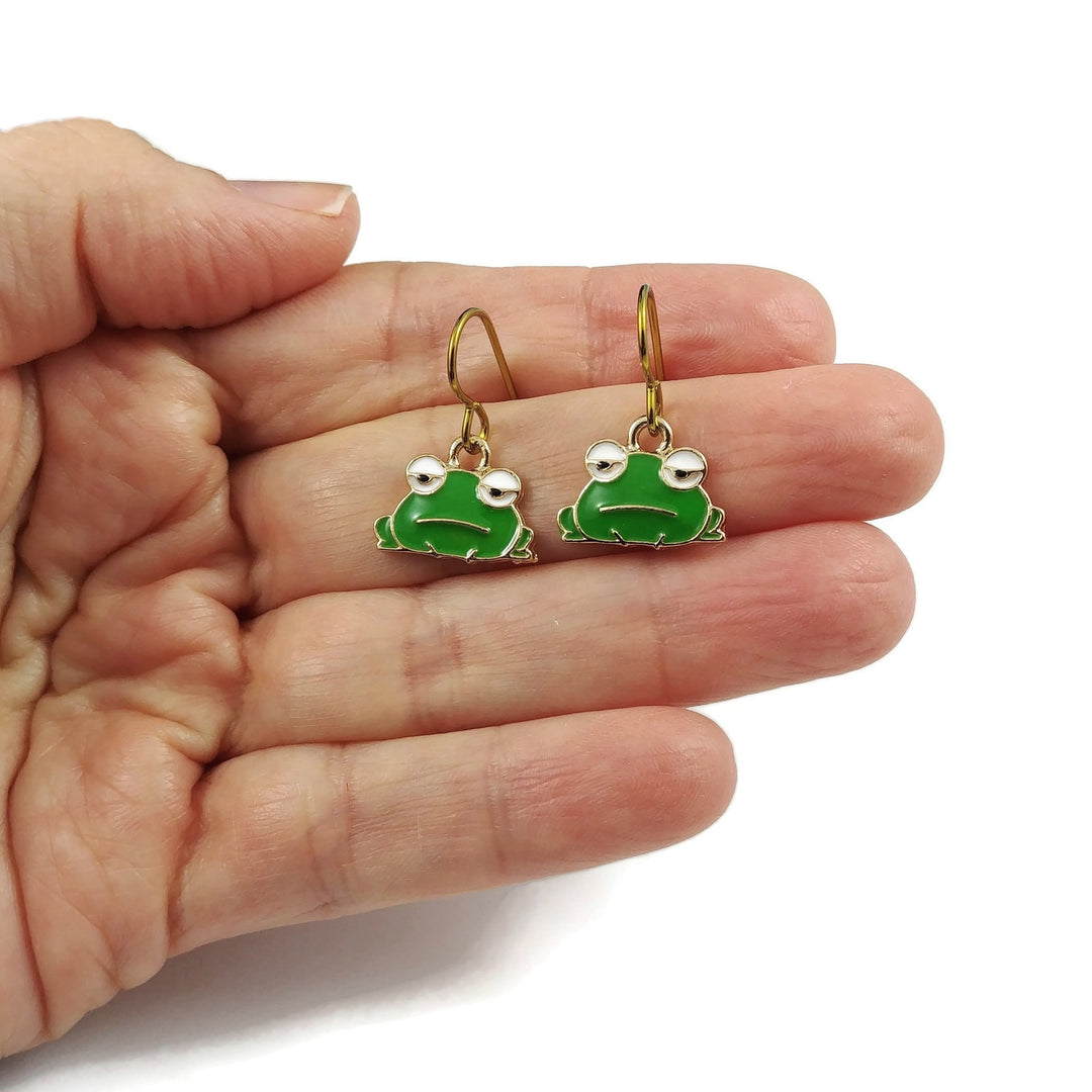 Cute frog dangle earrings, Hypoallergenic gold niobium jewelry, Frog lover enamel earrings
