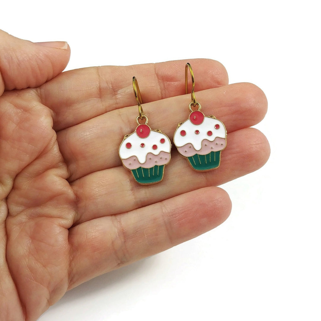 Cute cupcake dangle earrings, Hypoallergenic gold niobium jewelry, Food lover enamel earrings