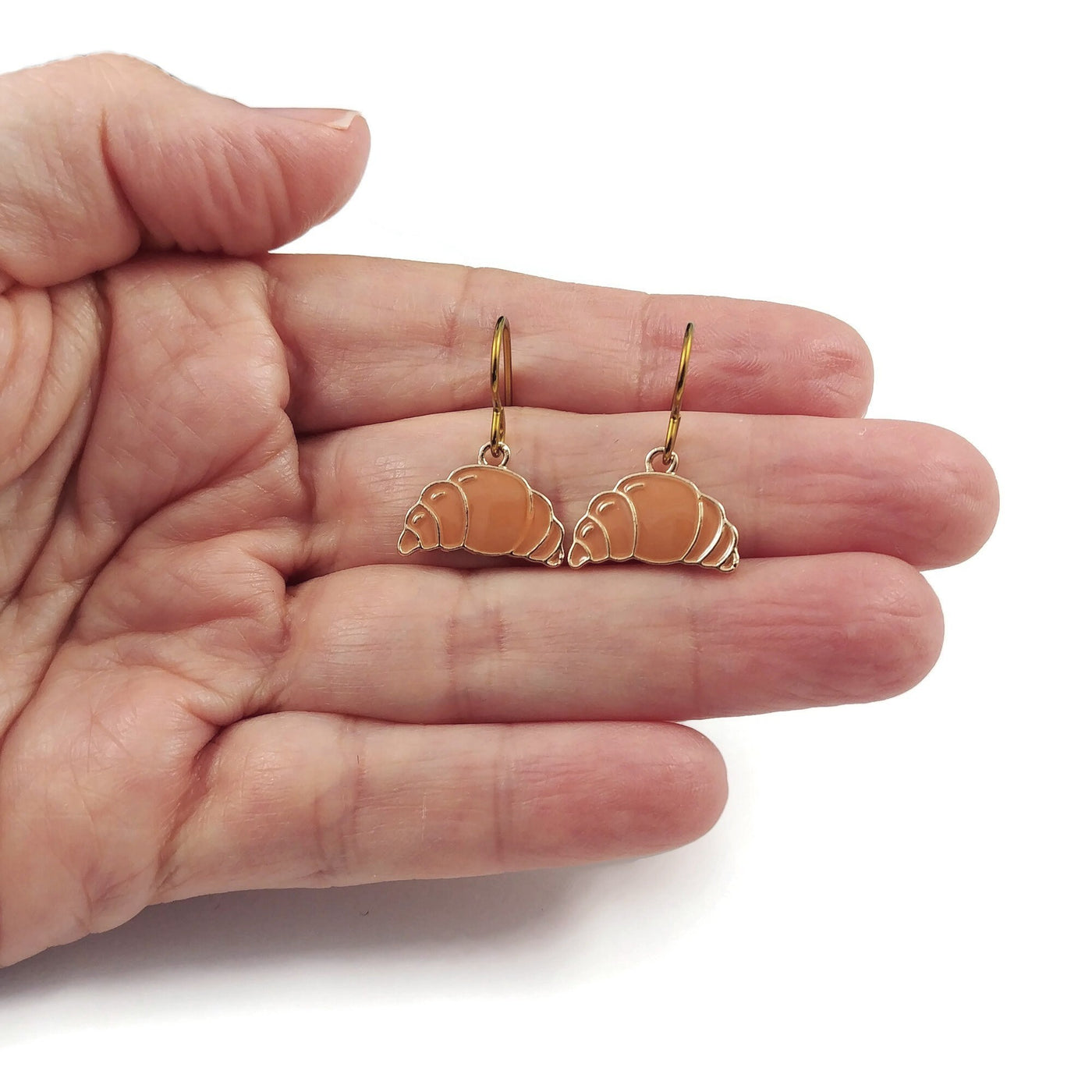 Cute croissant dangle earrings, Hypoallergenic gold niobium jewelry, Food lover enamel earrings