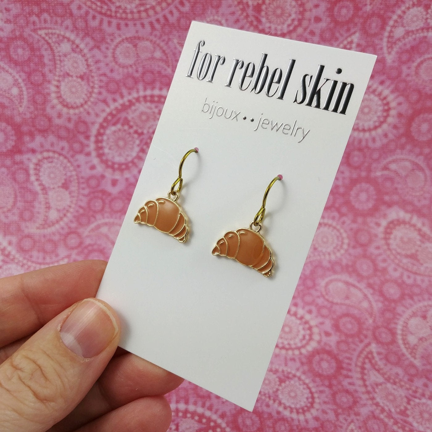 Cute croissant dangle earrings, Hypoallergenic gold niobium jewelry, Food lover enamel earrings