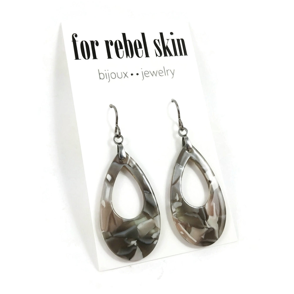 Grey oval drop earrings, Hypoallergenic pure titanium jewelry, Resin dangle earrings for sensitive ears