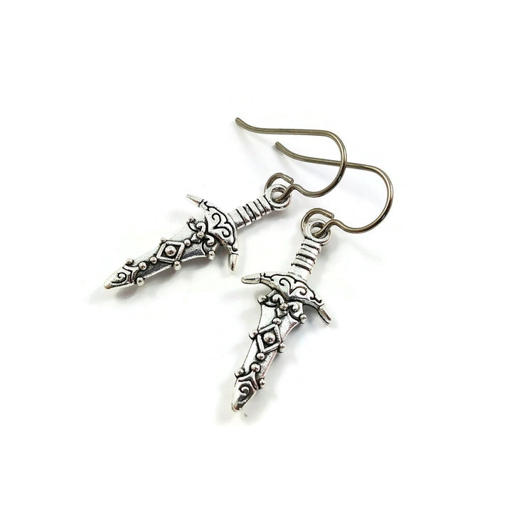 Dagger sword silver titanium earrings - Hypoallergenic gold and bronze niobium earrings - Medieval jewelry