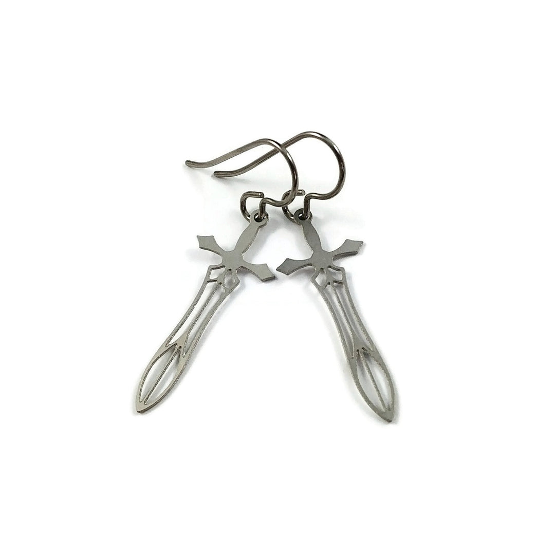 Sword dangle titanium earrings - Hypoallergenic dagger goth earrings - Lightweight jewelry for sensitive ears