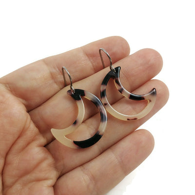 Tortoise moon dangle earrings - Hypoallergenic pure titanium and resin earrings