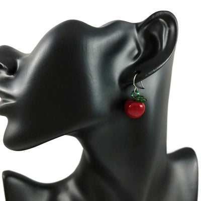 Red apple earrings, Pure titanium drop earrings, Fun fruit jewelry gift