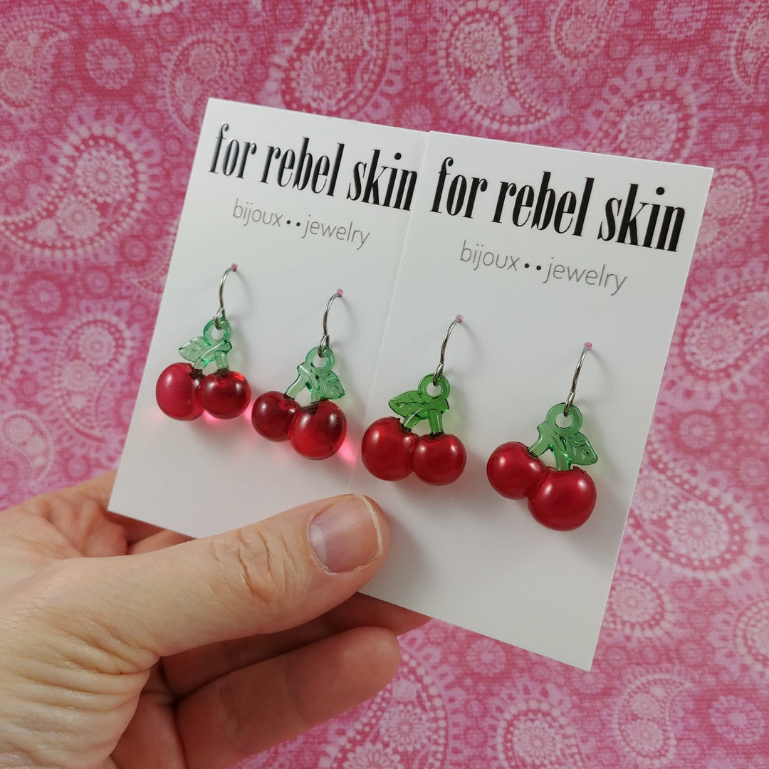 Red cherry earrings, Pure titanium drop earrings, Fun fruit jewelry gift