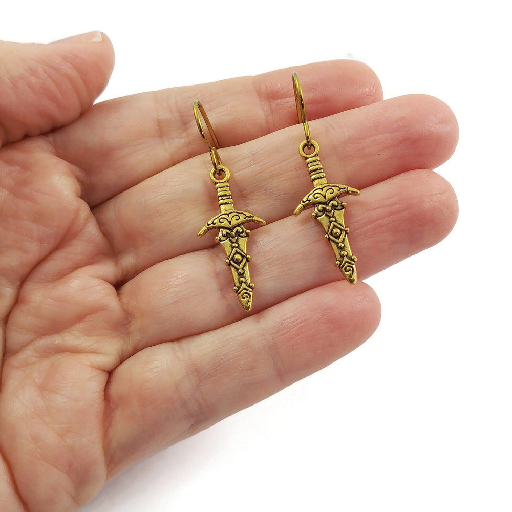 Dagger sword silver titanium earrings - Hypoallergenic gold and bronze niobium earrings - Medieval jewelry