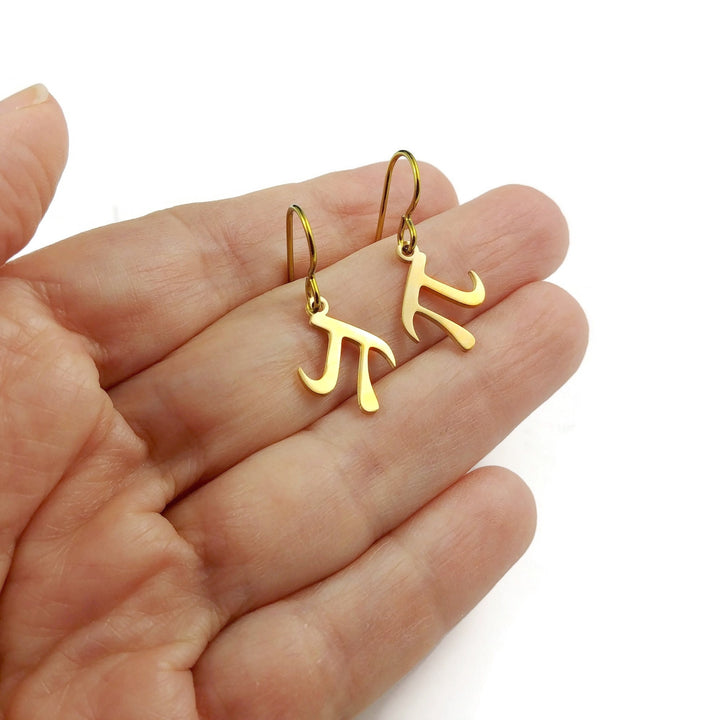 Gold Pi dangle earrings, Pure niobium and stainless earrings, Math jewelry gift