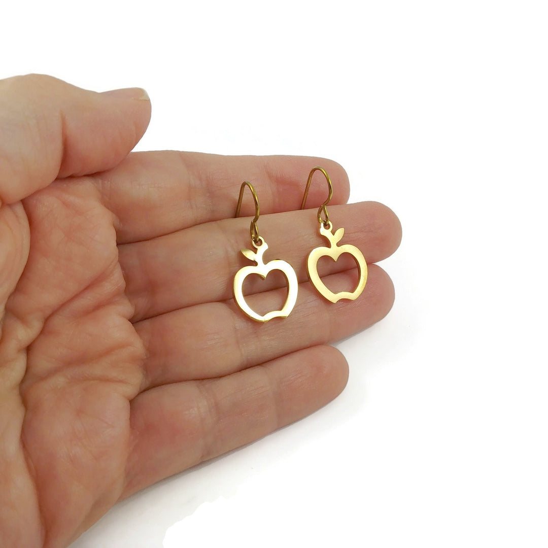Gold apple earrings, Pure niobium drop earrings, Cute fruit jewelry gift