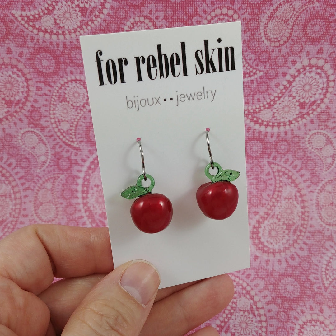 Red apple earrings, Pure titanium drop earrings, Fun fruit jewelry gift