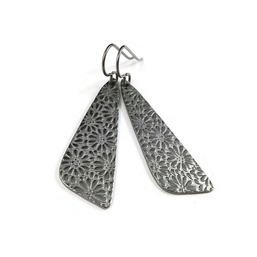 Silver triangle dangle earrings, Pure titanium and stainless steel jewelry, Floral unique statement earrings