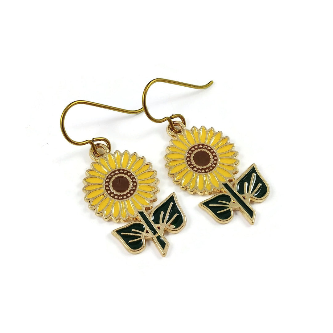 Cute sunflower dangle earrings, Hypoallergenic gold niobium jewelry, Garden lover enamel earrings
