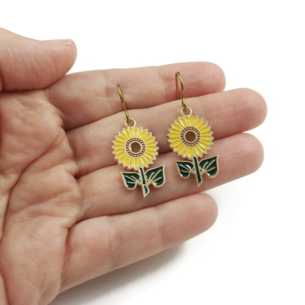 Cute sunflower dangle earrings, Hypoallergenic gold niobium jewelry, Garden lover enamel earrings
