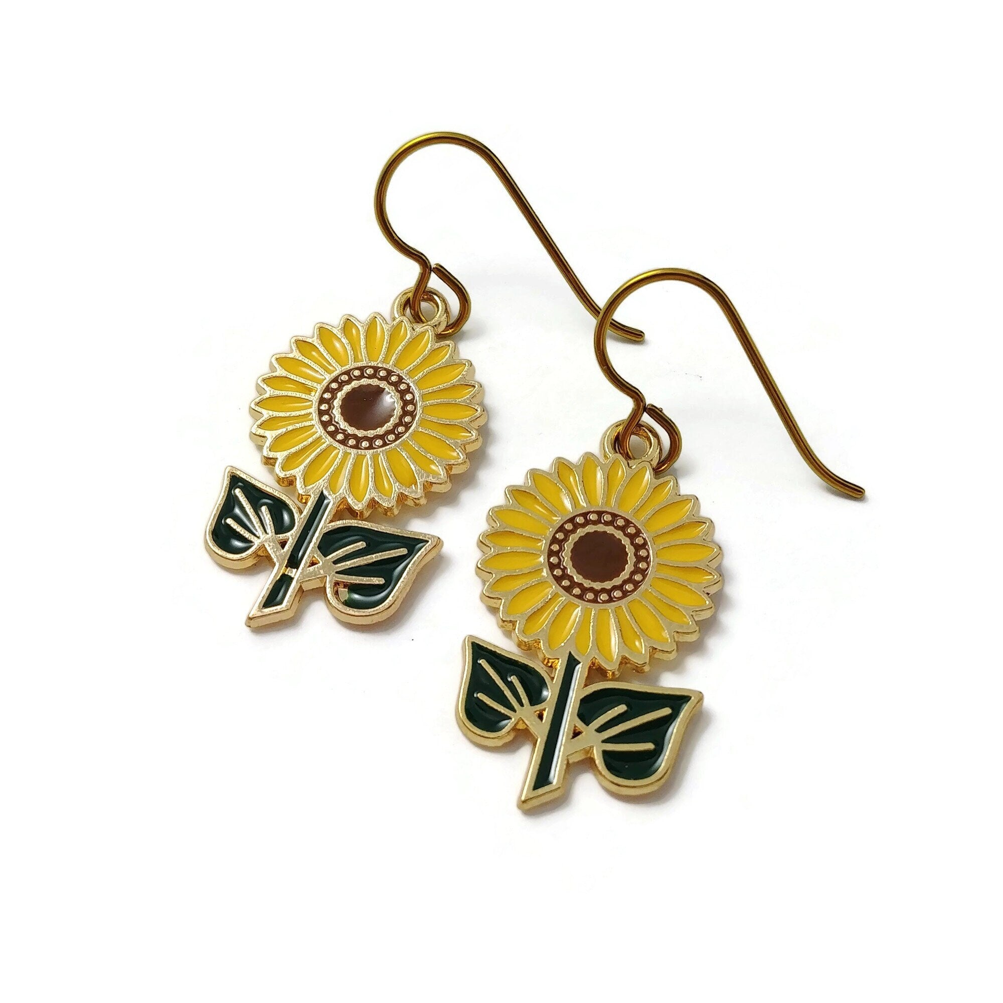 Cute sunflower dangle earrings, Hypoallergenic gold niobium jewelry, Garden lover enamel earrings