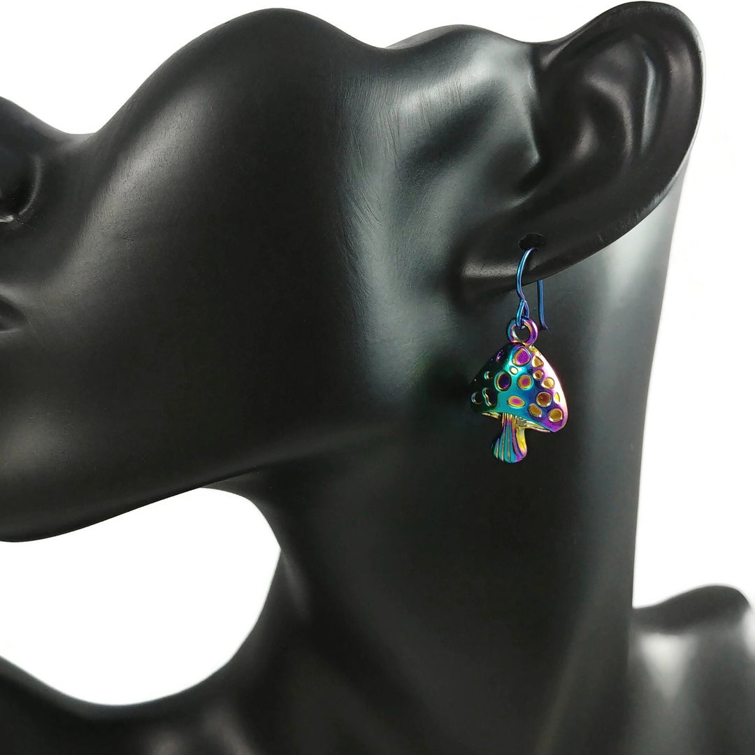 Rainbow mushroom earrings, Cottagecore dangle earrings, Botanical colorful earrings, Hypoallergenic niobium jewelry