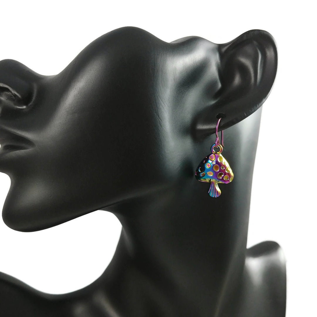 Rainbow mushroom earrings, Cottagecore dangle earrings, Botanical colorful earrings, Hypoallergenic niobium jewelry