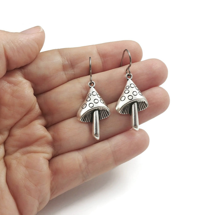 Silver mushroom earrings, Cottagecore dangle earrings, Fun fairy earrings, Hypoallergenic titanium jewelry
