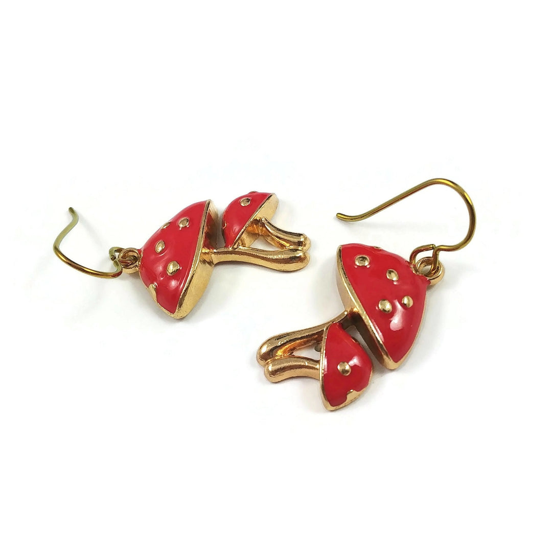 Fun red mushroom earrings, Pure niobium gold earrings, Nature cottagecore jewelry gift for her