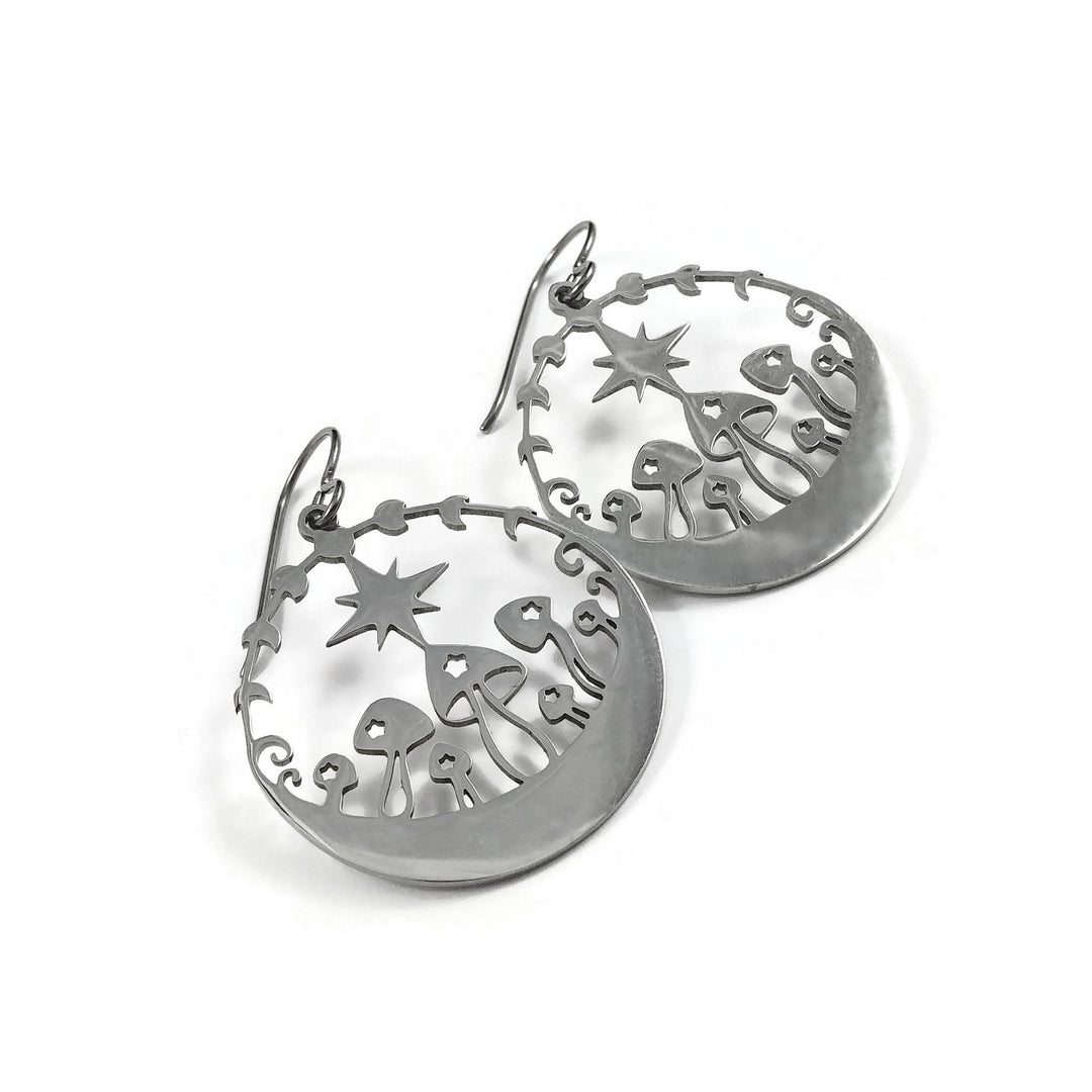 Fairy mushroom garden earrings, Cottagecore moon phase dangle earrings, Hypoallergenic titanium jewelry