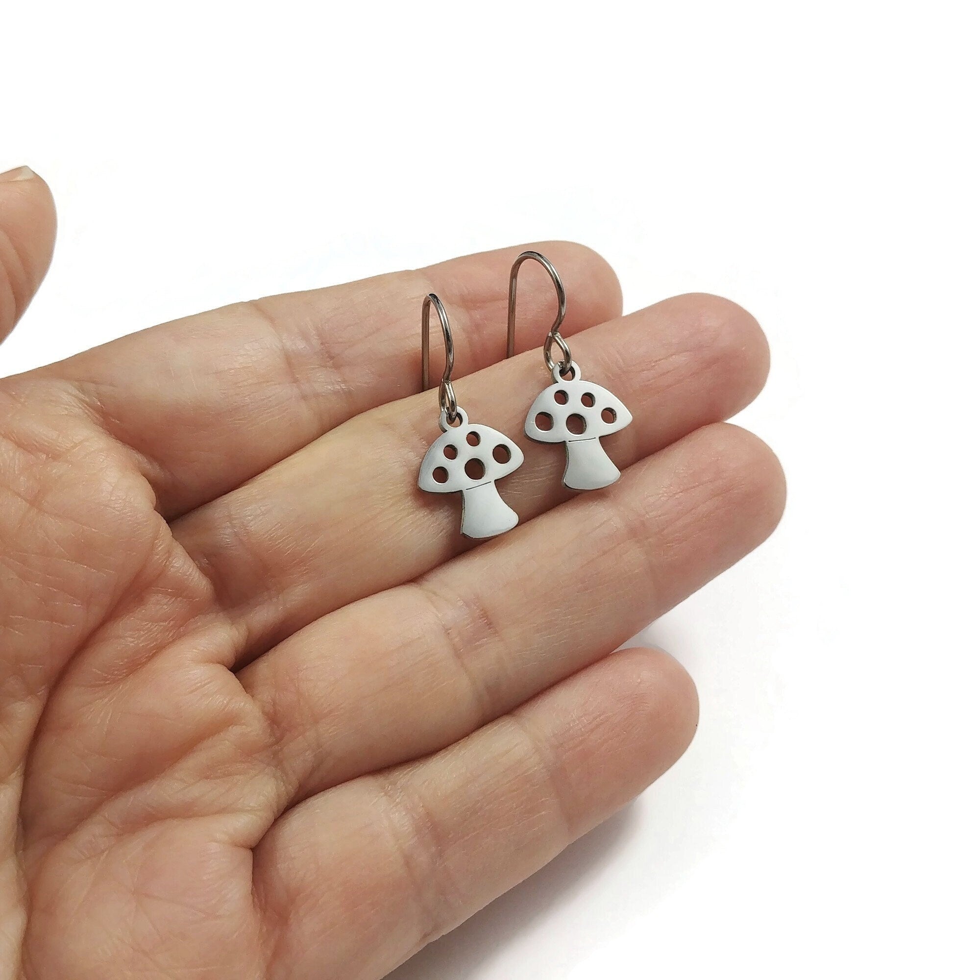 Dainty mushroom earrings, Cottagecore silver drop earrings, Hypoallergenic titanium jewelry