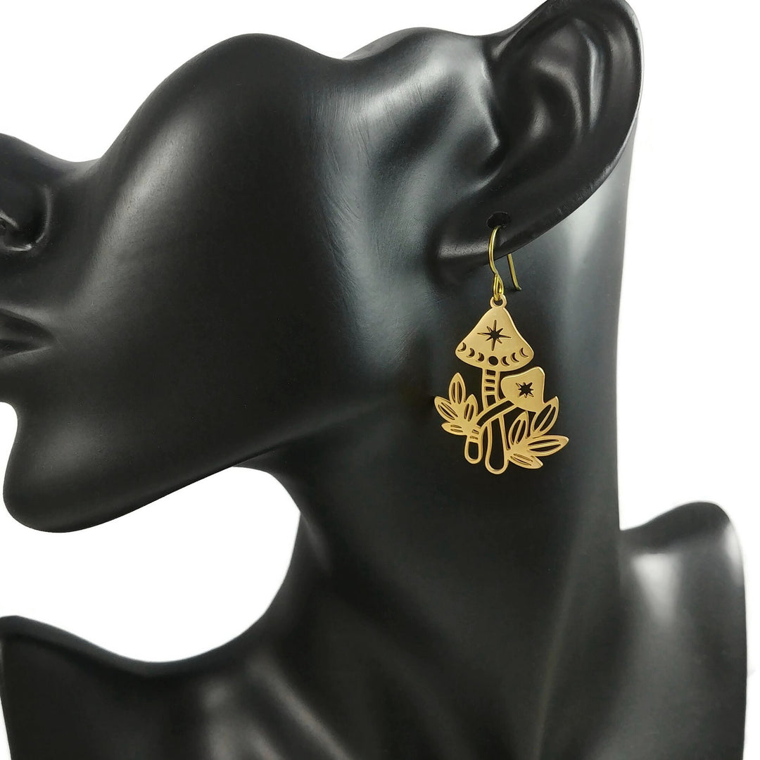 Fairy mushroom garden earrings, Cottagecore moon phase dangle earrings, Hypoallergenic gold niobium jewelry