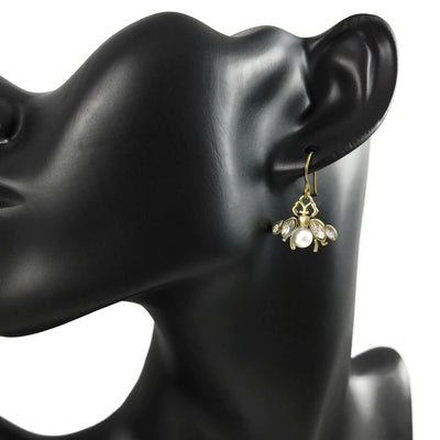 Pearl bee dangle earrings - Hypoallergenic pure niobium, rhinestone and acrylic imitation pearl jewelry