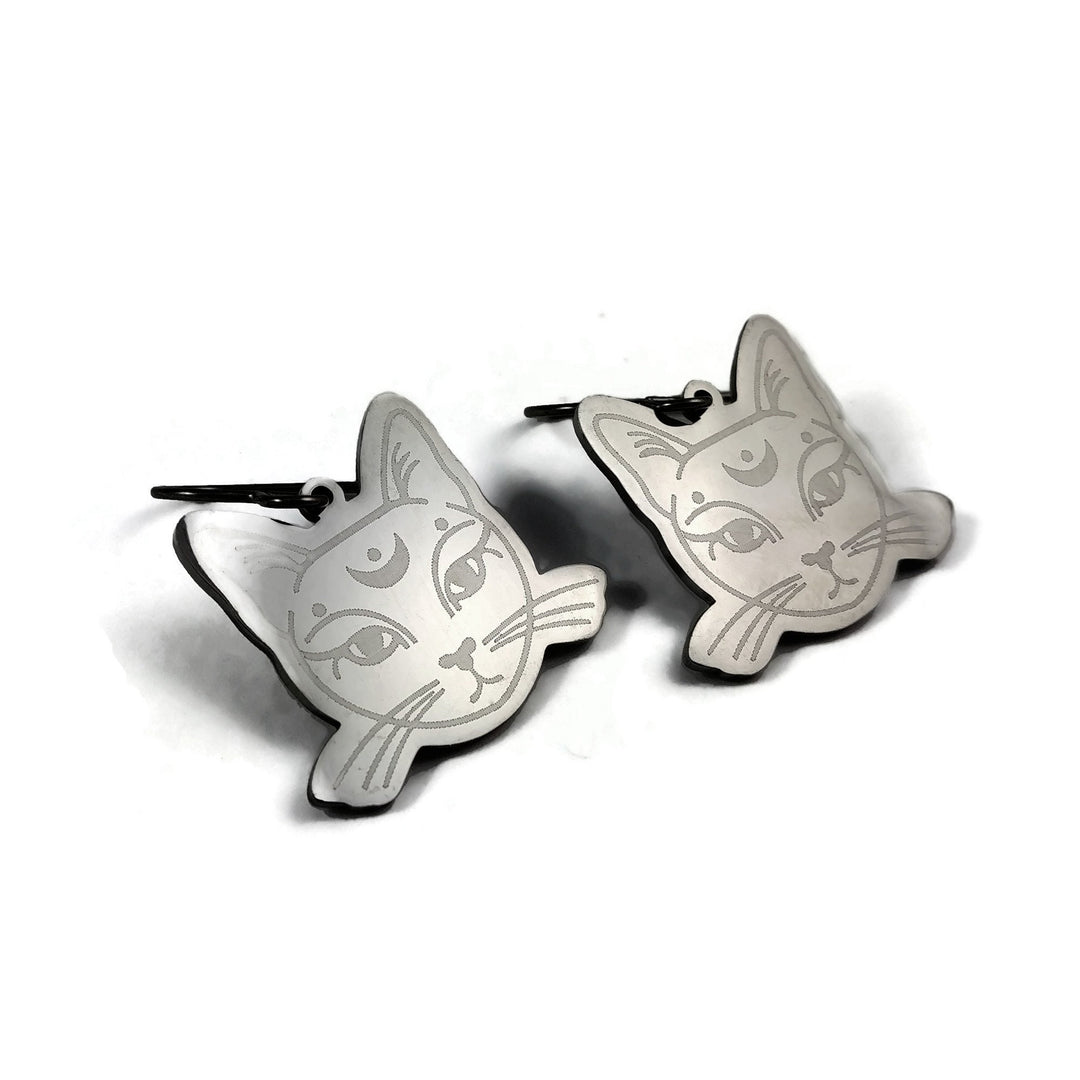Magic cat dangle earrings, Hypoallergenic pure titanium jewelry, Zen silver cat earrings