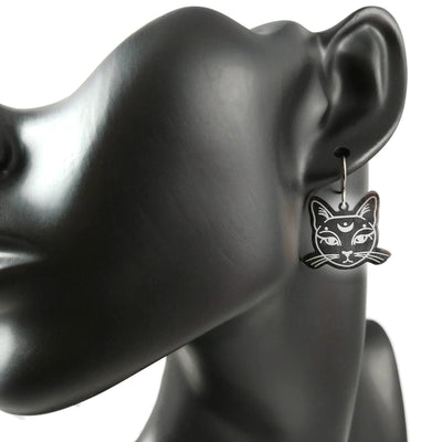 Magic cat dangle earrings, Hypoallergenic pure titanium jewelry, Zen silver cat earrings