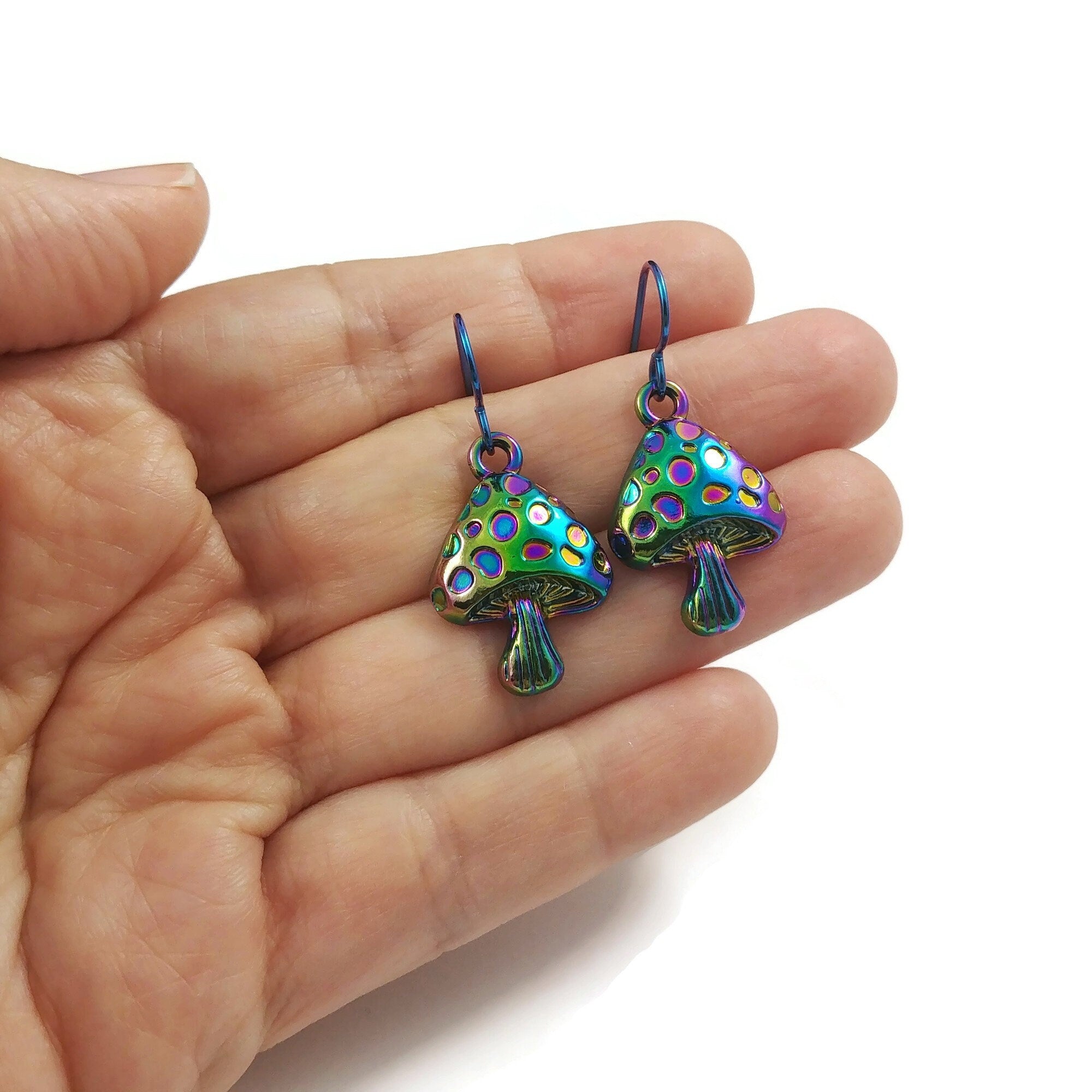 Rainbow mushroom earrings, Cottagecore dangle earrings, Botanical colorful earrings, Hypoallergenic niobium jewelry