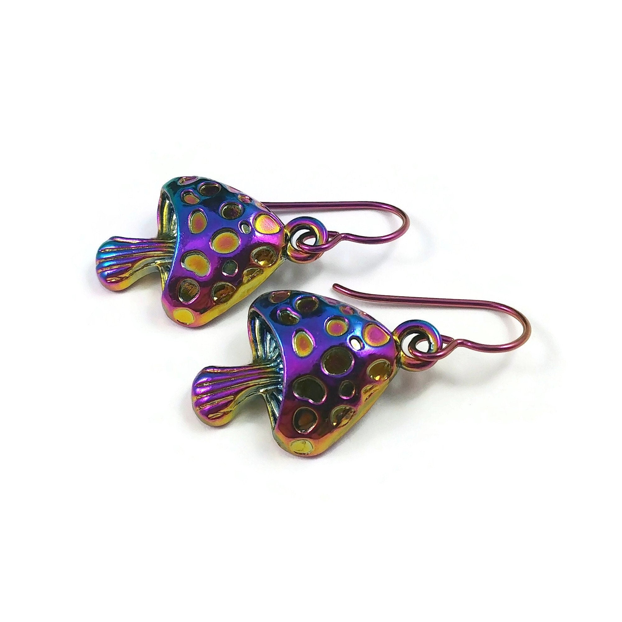 Rainbow mushroom earrings, Cottagecore dangle earrings, Botanical colorful earrings, Hypoallergenic niobium jewelry