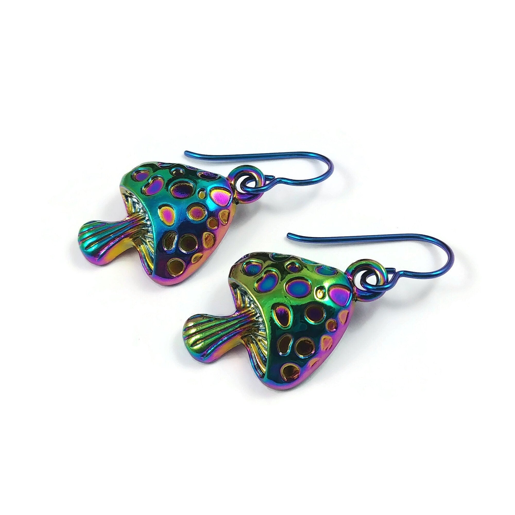 Rainbow mushroom earrings, Cottagecore dangle earrings, Botanical colorful earrings, Hypoallergenic niobium jewelry