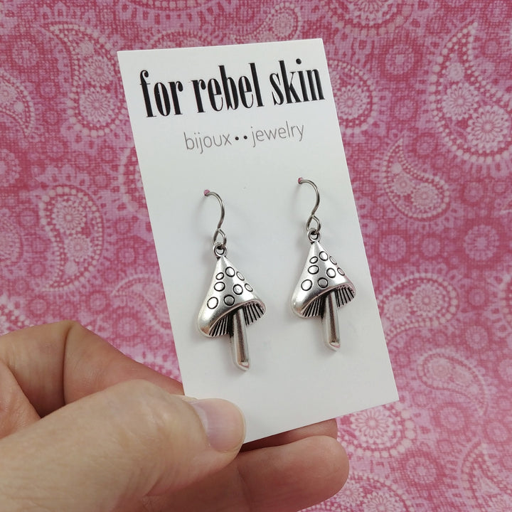 Silver mushroom earrings, Cottagecore dangle earrings, Fun fairy earrings, Hypoallergenic titanium jewelry