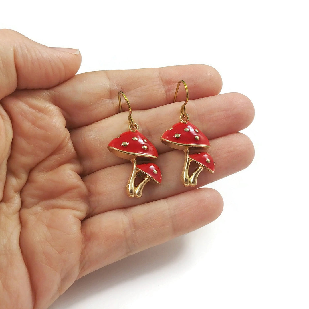 Fun red mushroom earrings, Pure niobium gold earrings, Nature cottagecore jewelry gift for her
