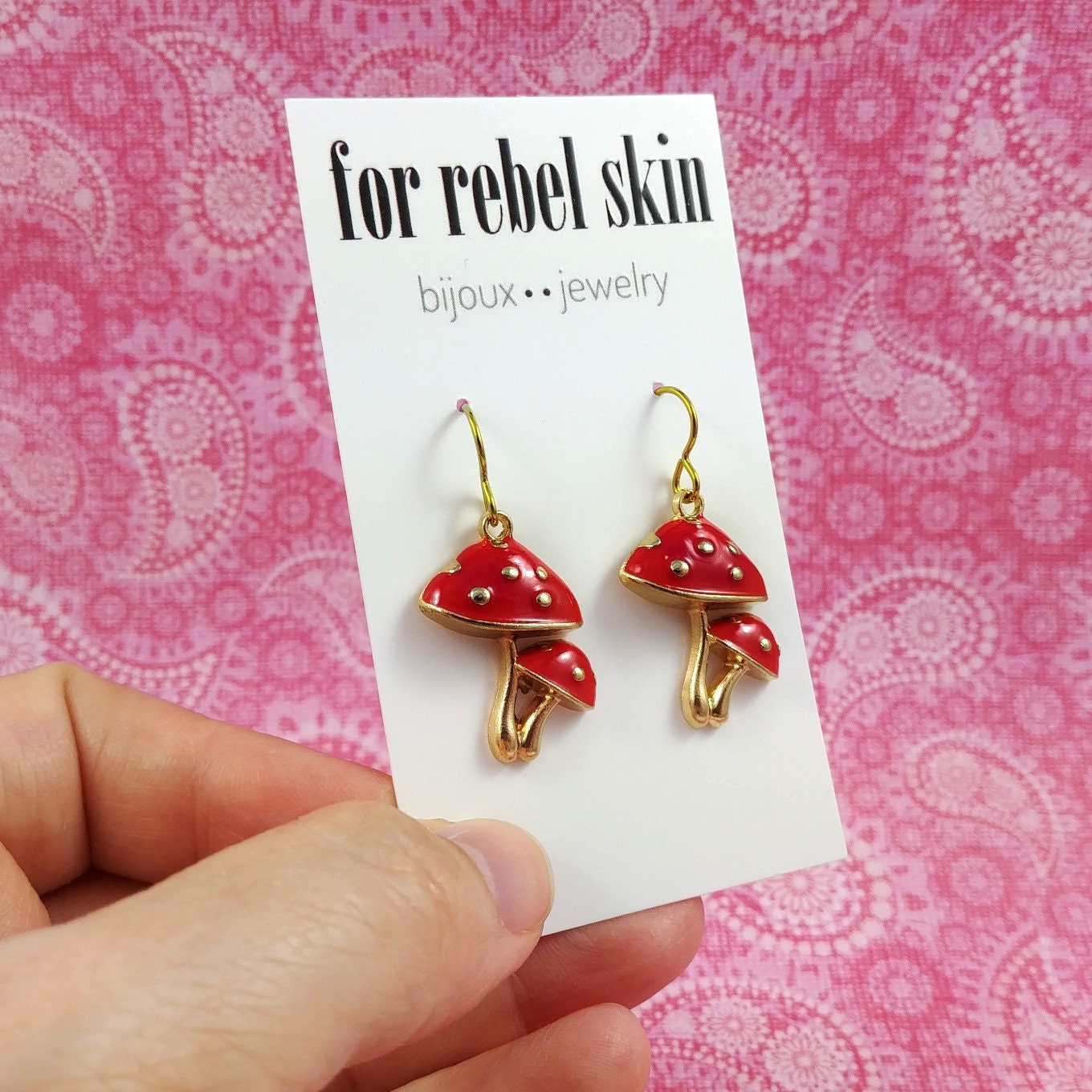 Fun red mushroom earrings, Pure niobium gold earrings, Nature cottagecore jewelry gift for her