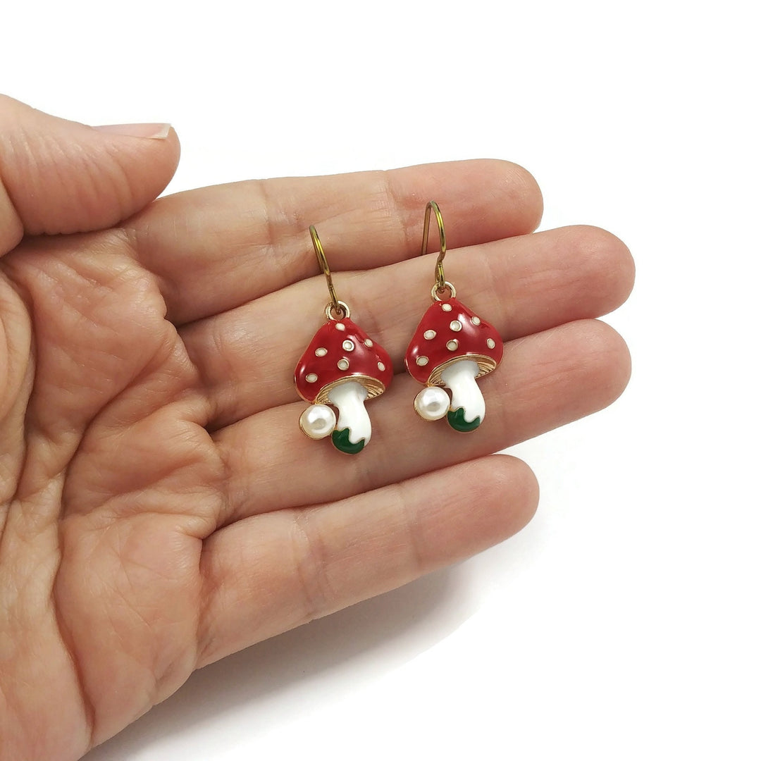 Pearl and red mushroom earrings, Pure niobium gold earrings, Nature cottagecore jewelry gift for her