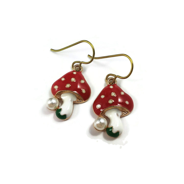 Pearl and red mushroom earrings, Pure niobium gold earrings, Nature cottagecore jewelry gift for her