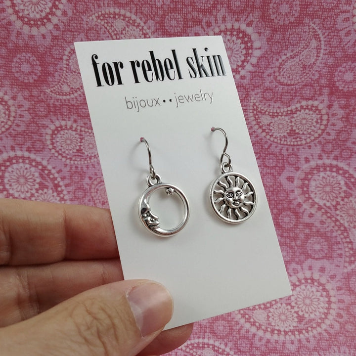Moon and sun mismatched earrings, Unique silver celestial jewelry, Pure implant grade titanium dangle earrings