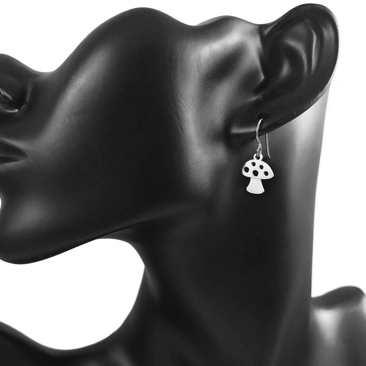Dainty mushroom earrings, Cottagecore silver drop earrings, Hypoallergenic titanium jewelry