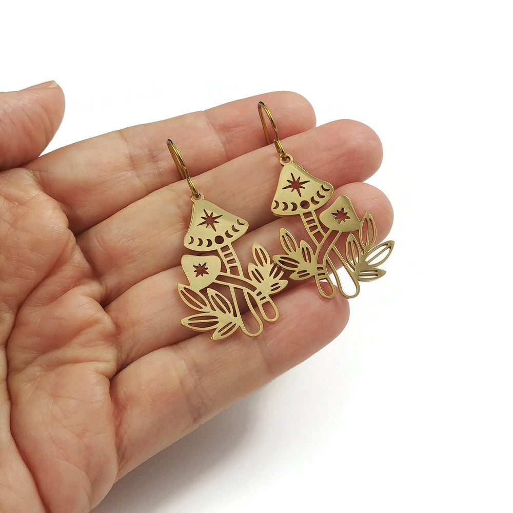 Fairy mushroom garden earrings, Cottagecore moon phase dangle earrings, Hypoallergenic gold niobium jewelry