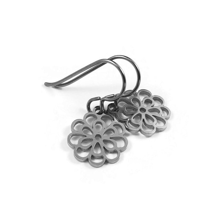 Chrysanthemum flower earrings, Dainty floral drop earrings, Implant grade pure titanium earrings, Tarnish free