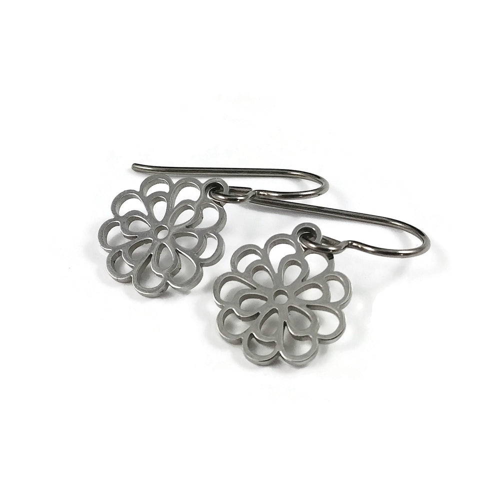 Chrysanthemum flower earrings, Dainty floral drop earrings, Implant grade pure titanium earrings, Tarnish free
