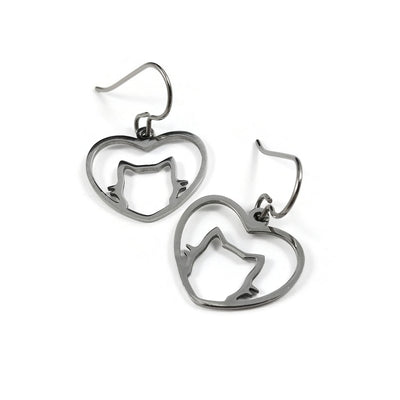 Silver cat drop earrings, Cat lover gift, Cute heart earrings, Hypoallergenic titanium jewelry