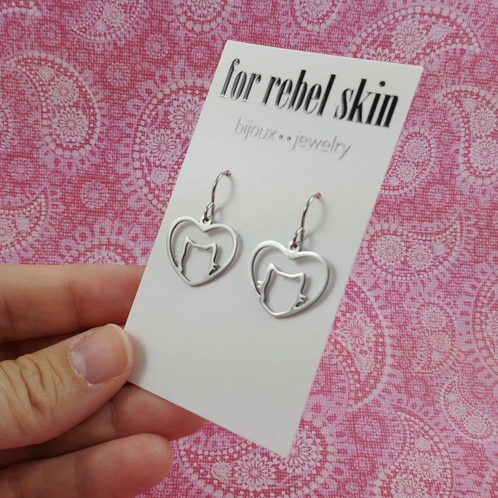 Silver cat drop earrings, Cat lover gift, Cute heart earrings, Hypoallergenic titanium jewelry