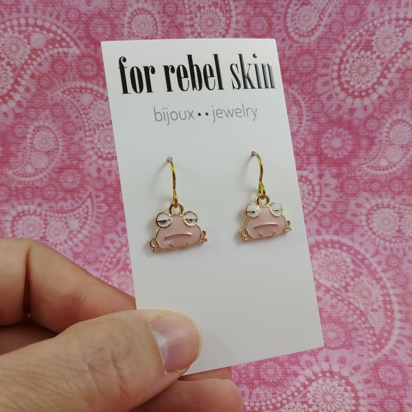 Pink frog drop earrings, Hypoallergenic gold niobium jewelry, Cute kawaii enamel earrings