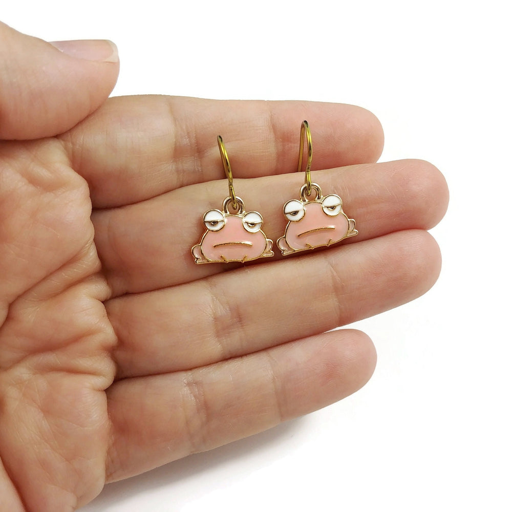 Pink frog drop earrings, Hypoallergenic gold niobium jewelry, Cute kawaii enamel earrings