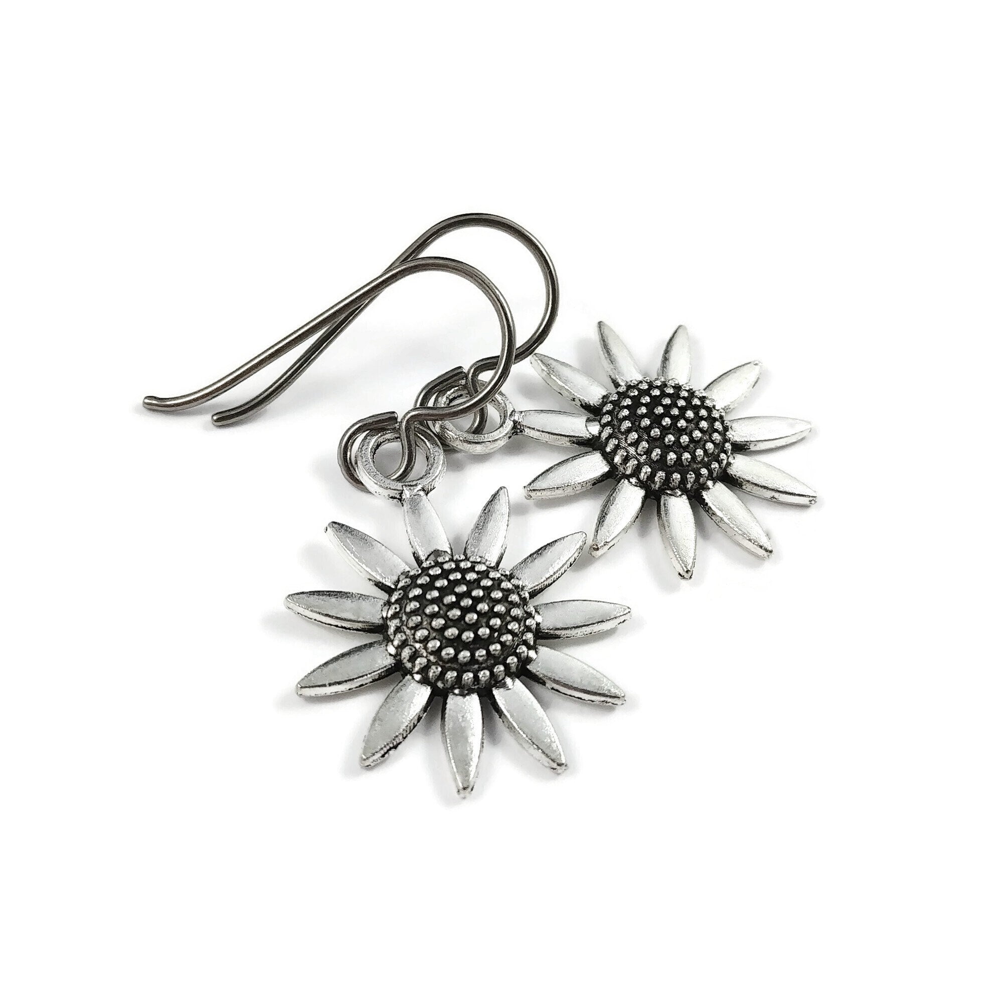 Small sunflower drop earrings Implant grade pure titanium jewelry for rebel skin