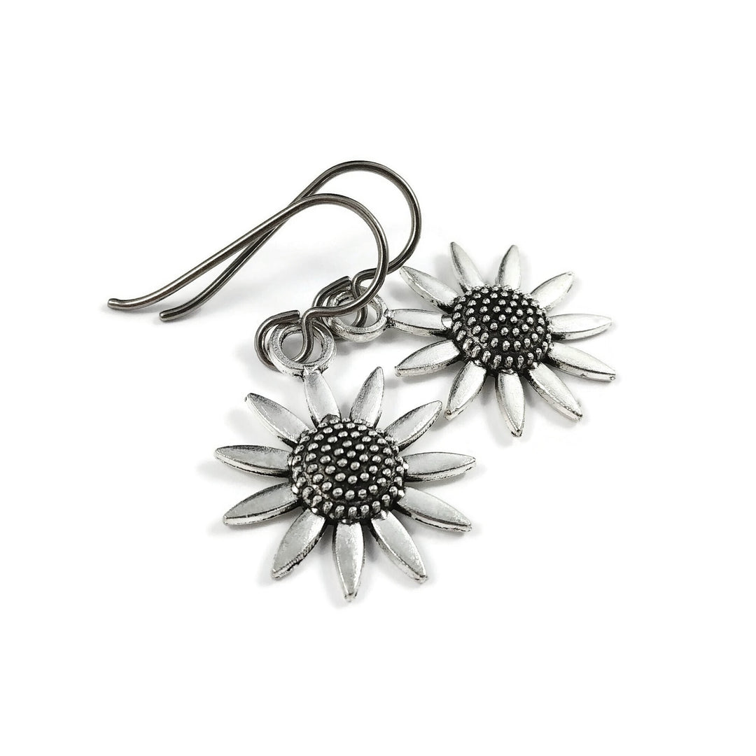Small sunflower drop earrings, Implant grade pure titanium jewelry, Cute lightweight everyday earrings