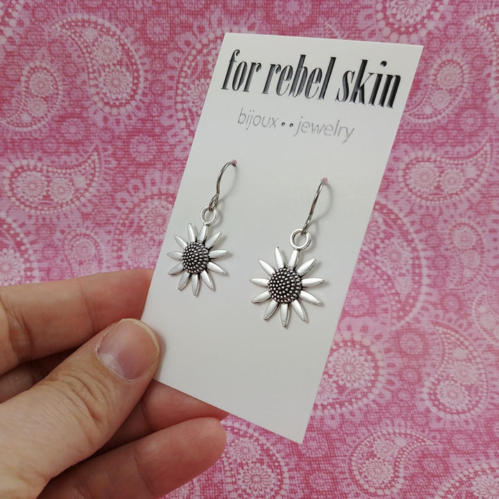 Small sunflower drop earrings, Implant grade pure titanium jewelry, Cute lightweight everyday earrings