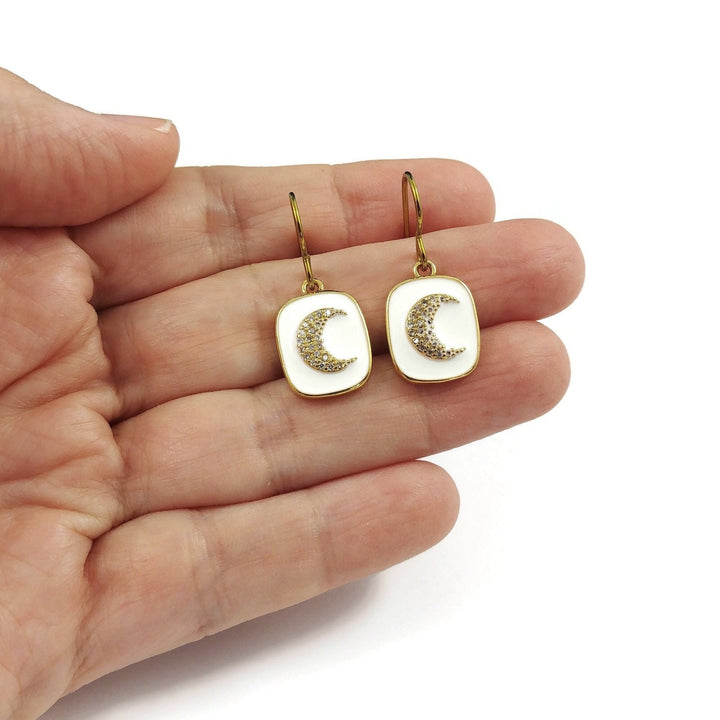 Enamel celestial moon earrings, Implant grade pure niobium jewelry, Gold and white drop earrings